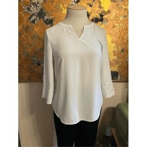 Talbots Petites Medium P White Embroidered Long Sleeves Blouse Top Shirt